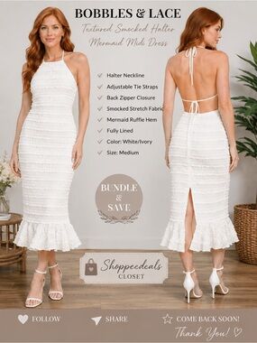 Bobbles & Lace Textured Smocked Halter Mermaid Maxi Dress –Medium – Ivory
